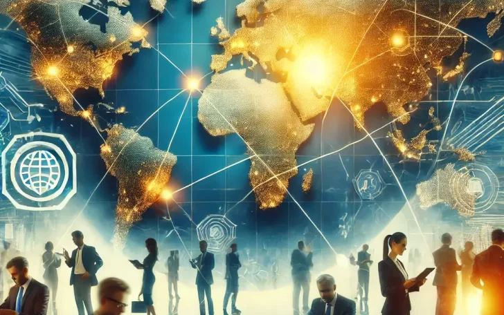 DALL·E 2025-01-07 19.41.03 - A professional and visually engaging image representing global trade and business connections. The scene includes a stylized world map with interconne